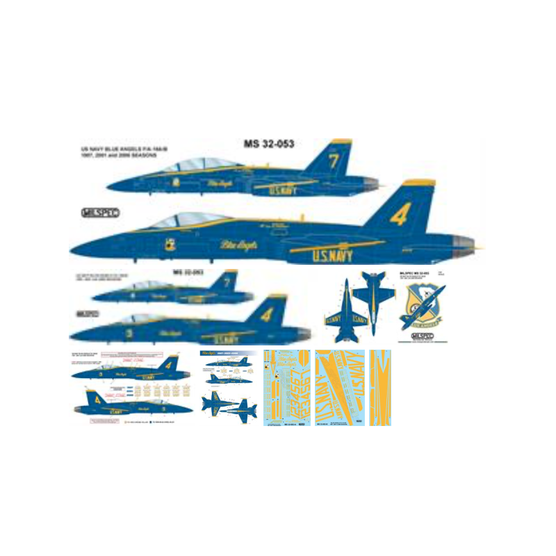 Décal BLUE ANGELS McDonnell-Douglas F/A-18A/B/C/D, SAISONS 1987-2001-ET 2006. COMPREND MAINTENANT LES BANDES DORSALES CORRECTES