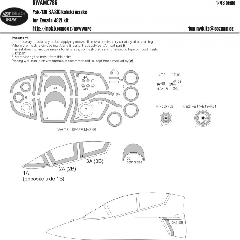 Masques kabuki Yakovlev Yak-130 BASIC auvent d'avion, roues, détails de camouflage (conçus pour être utilisés avec les kits Zvez