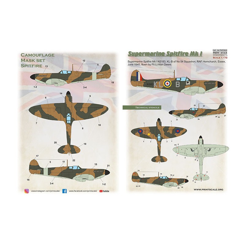 Supermarin Spitfire Mk.I includes camouflage pattern paint mask and decals.Supermarine Spitfire Mk l N3183, KL-B of No 54 Squadr