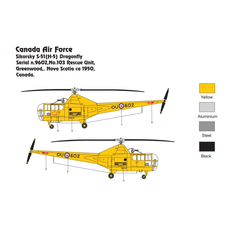 Maquette Sikorsky H-5 DRAGONFLY / RCAF 1 kit en sac avec masque à baldaquin