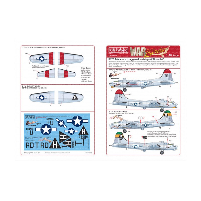 Décal Boeing B-17G '£5 AVEC PETIT DÉJEUNER' 43-38728 +U 490th BG, 851st BS.Boeing B-17G 'NAUGHTY NANCY' RD*T 43-39116 306th BG,