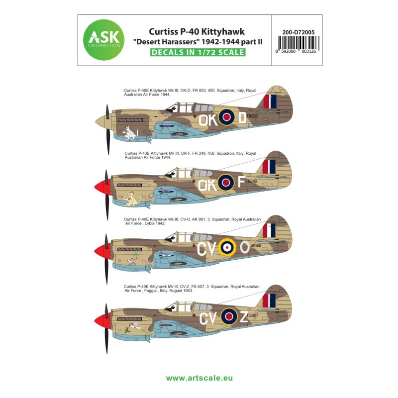 Décal Curtiss P-40E Kittyhawk 'Desert Harassers' 1942-1944 partie II