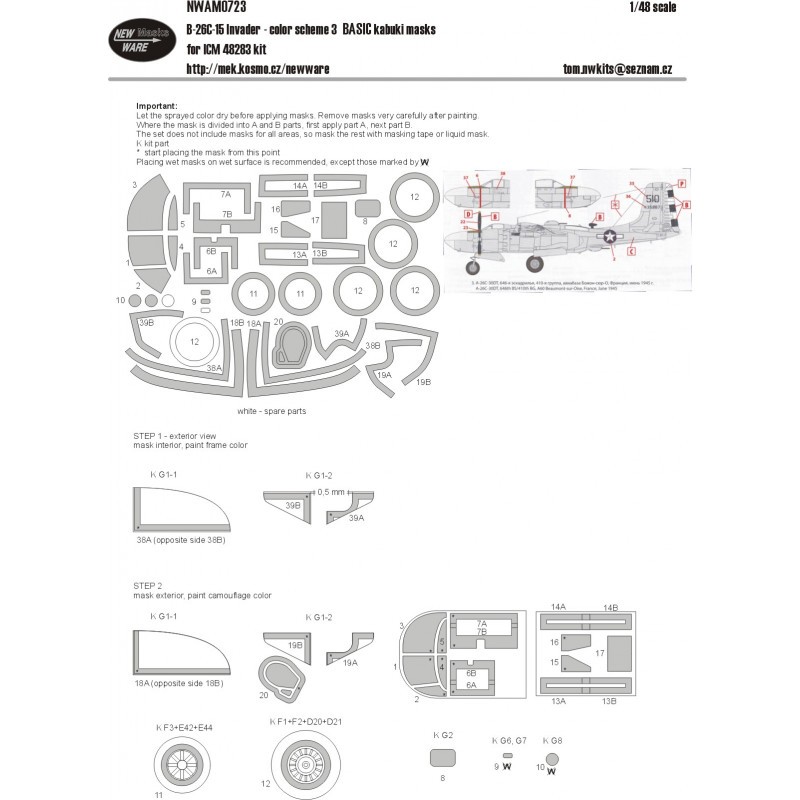 Douglas A-26C-15 Invader - jeu de couleurs 3 BASIC kabuki masque toutes les fenêtres, roues, autres pièces transparentes (conçu