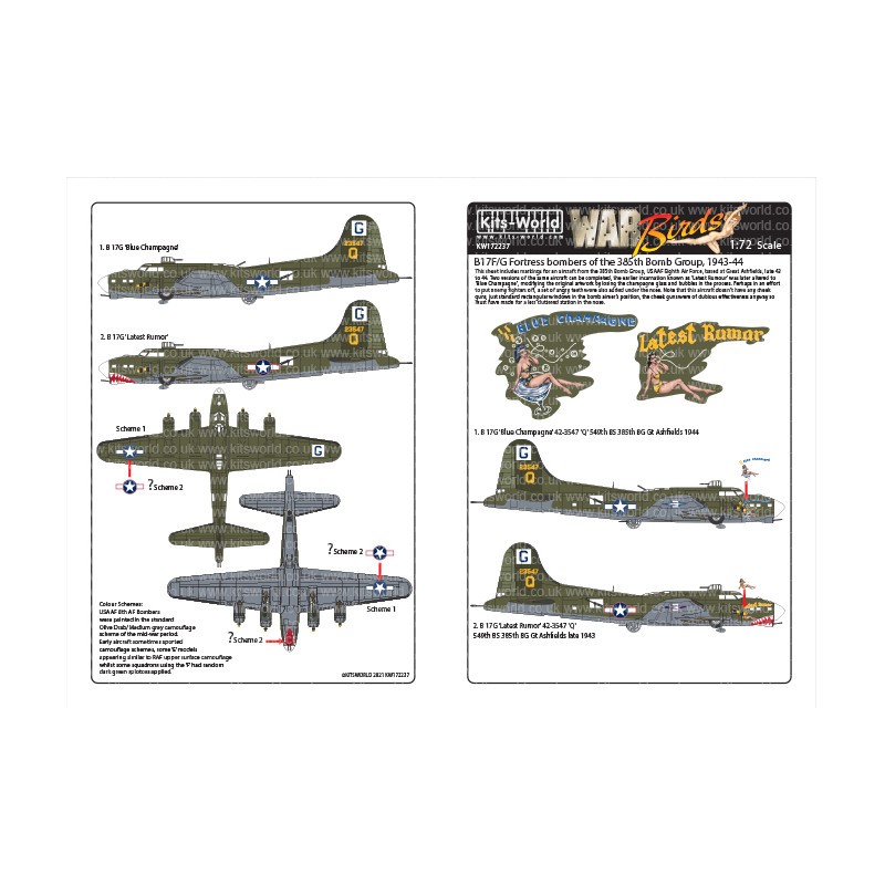 Décal Boeing B-17G Flying Fortress 42-3547 'Q' 'Blue Champagne' 549th BS, 385th BG, Gt Ashfields, 1944.B-17G 42-3547 'Q' 549th B