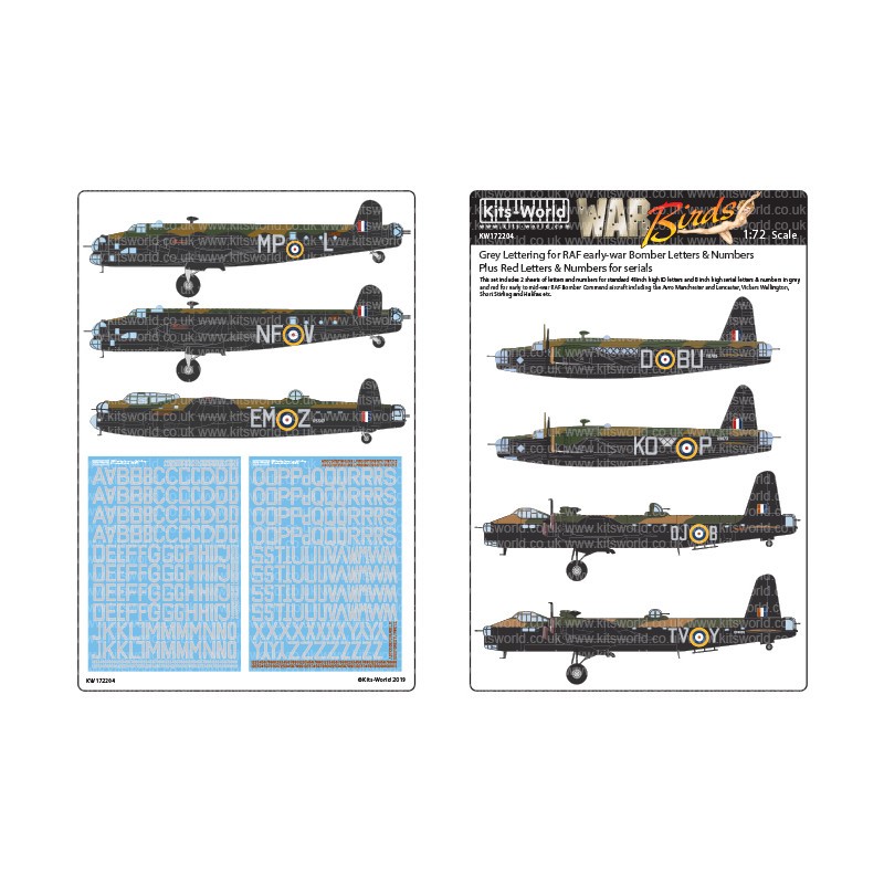 Décal Lettrage gris pour les lettres et chiffres des bombardiers de la RAF au début de la guerre, plus les lettres et chiffres r