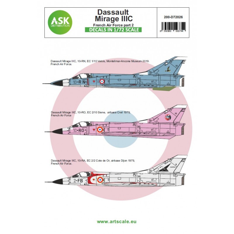 Dassault Mirage IIIC French Air Force - part 2. Contain 1/72 decals for 3 markings + stencils.