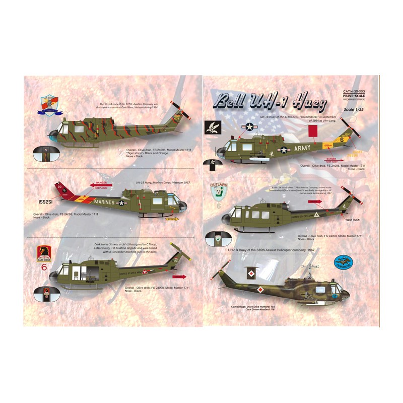 Décal Bell UH-1B Huey (6) Noir 6 118th AHC Thunderbirds 1964; 17501 175th Aviation Co; 335th Assault Helo Co 'Outlaws' 1967; 457