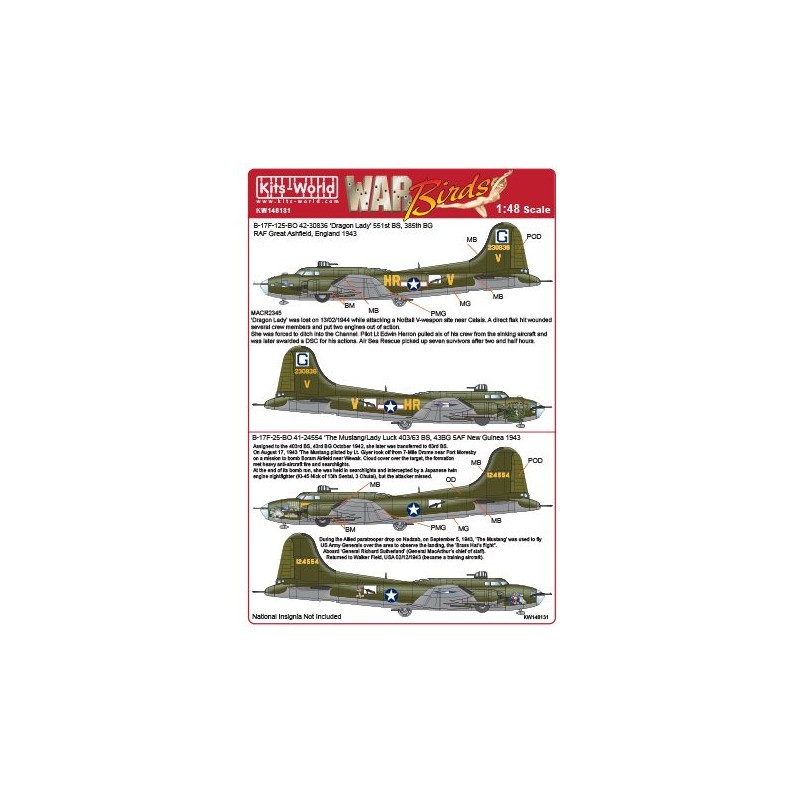 Décal Boeing B-17F-125-BO Flying Fortress 42-30836 'Dragon Lady' 551st BS 385th BG (HR-V) - B-17F-25-BO 41-24554 'The Mustang/La