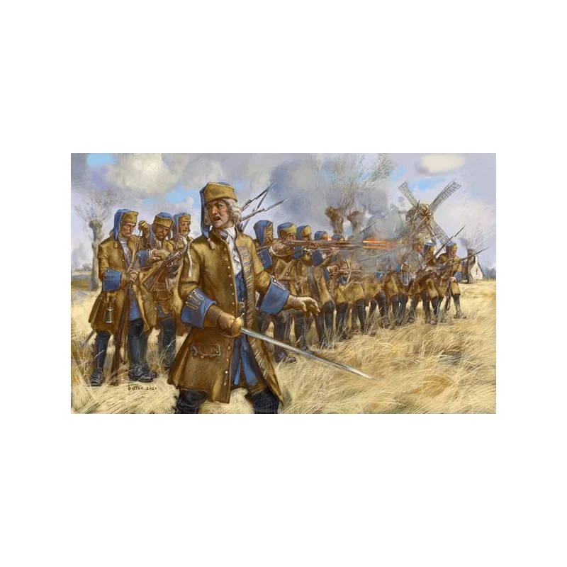 Figurines Dragons français débarqués en escarmouche. Guerre de Succession d'Espagne